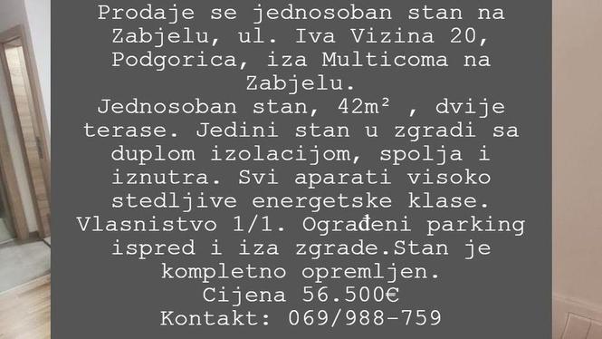 Prodaje se jednosoban stan na Zabjelu