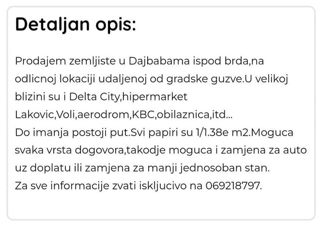 Prodajem imanje u Dajbabama.