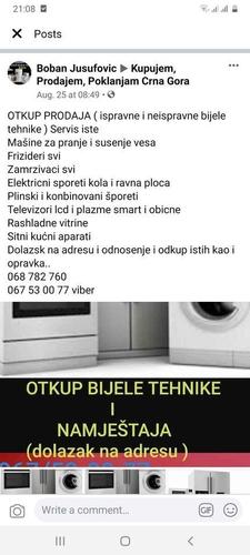OTKUP I PRODAJA BIJELE TEHNIKE 
DOLAZAK NA ADRESU 
067547046
