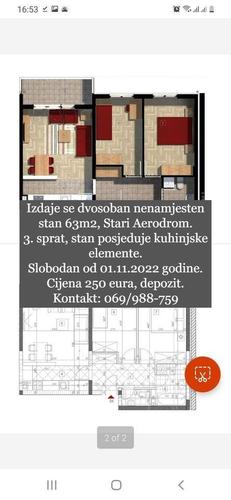 Izdaje se dvosoban nenamjesten stan 63m2, Stari Aerodrom